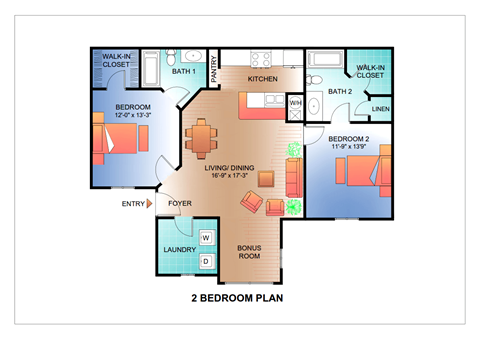 Floor plan for 2 beds, 2 baths, 1000 sqft
